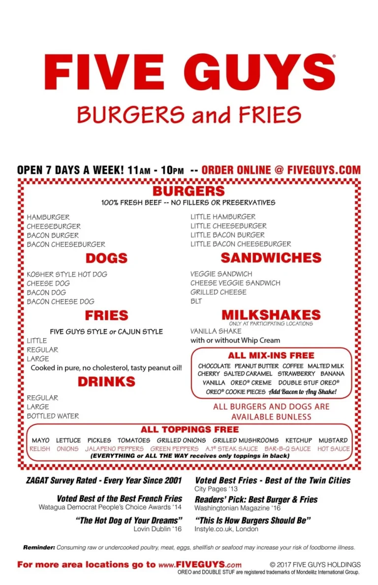 FIVE GUYS MENU Price