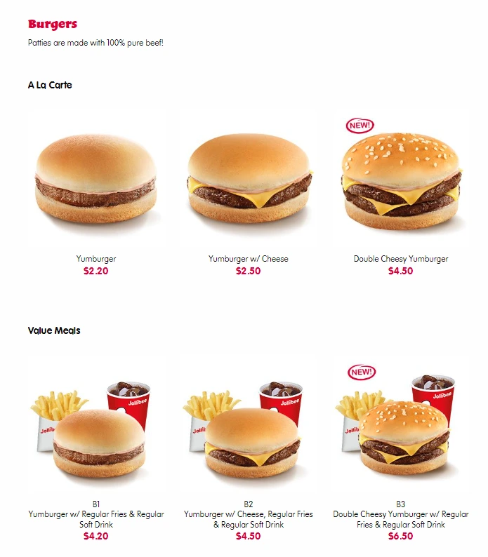 JOLLIBEE BURGERS MENU