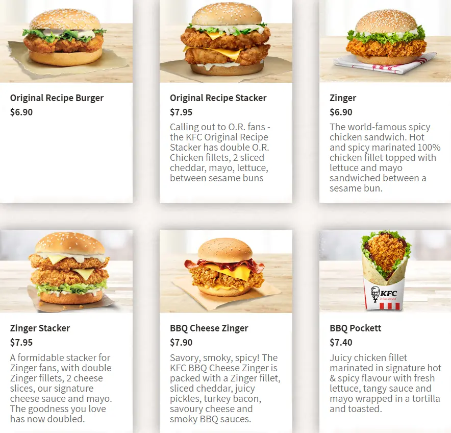 KFC A LA CARTE BURGERS & WRAPS menu