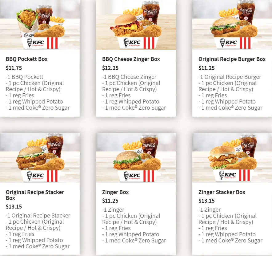 KFC MENU FOR ONE