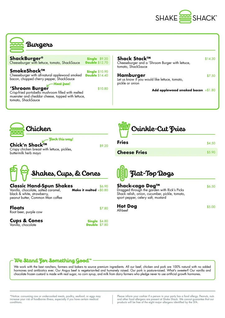 SHAKE SHACK BURGERS menu