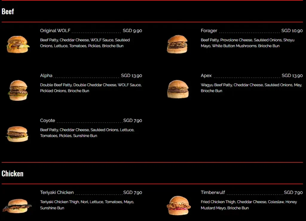 WOLF BURGERS BEEF MENU