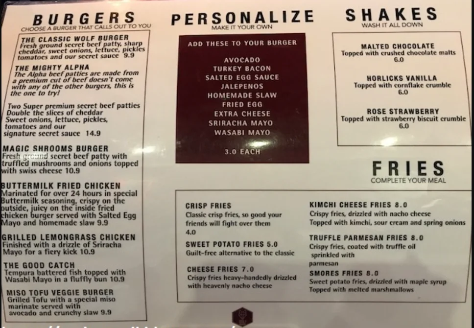 Wolf Burgers Menu prices