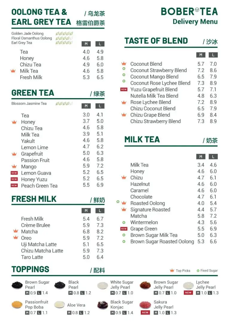 Bober Tea Menu With Latest Prices Singapore 2024