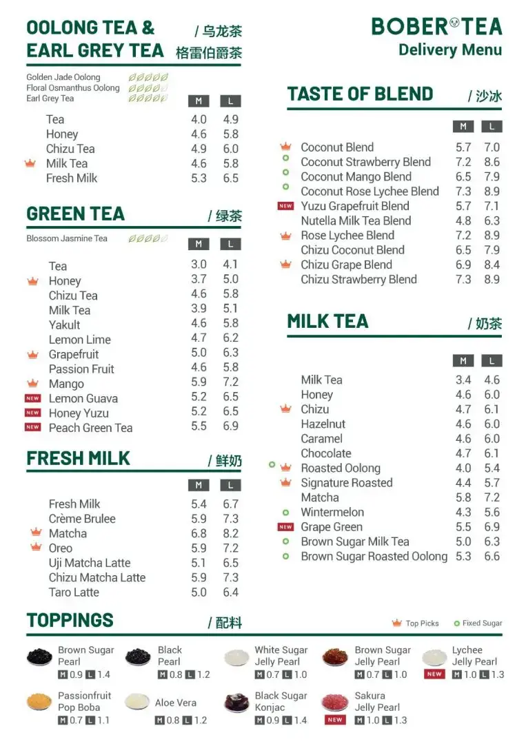 Bober Tea Menu prices