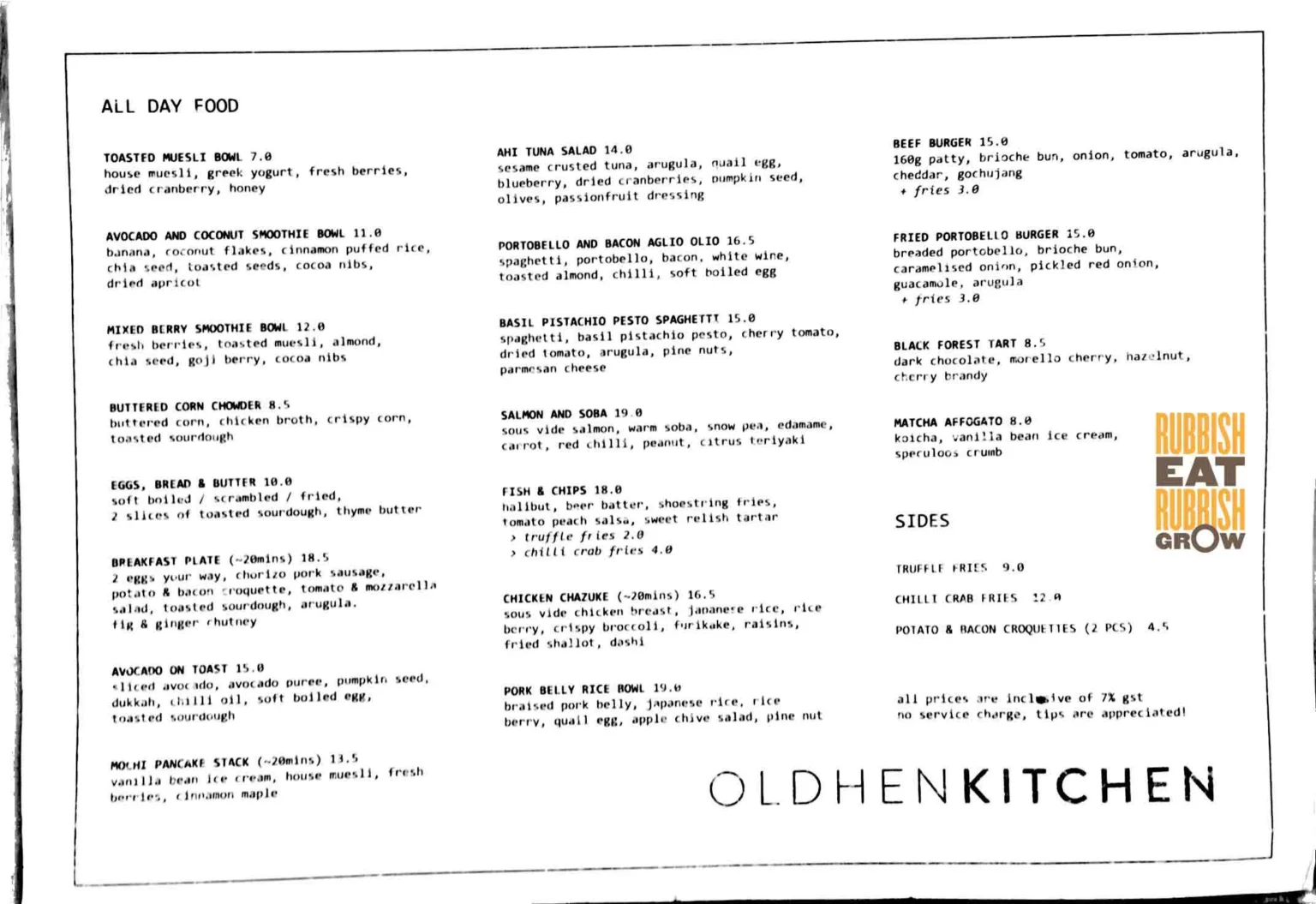 Old Hen Menu prices